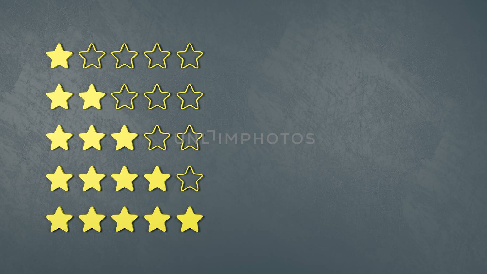 Set of Five Yellow Star Shapes with Copy Space 3D Illustration, Rating and Survey Concepts