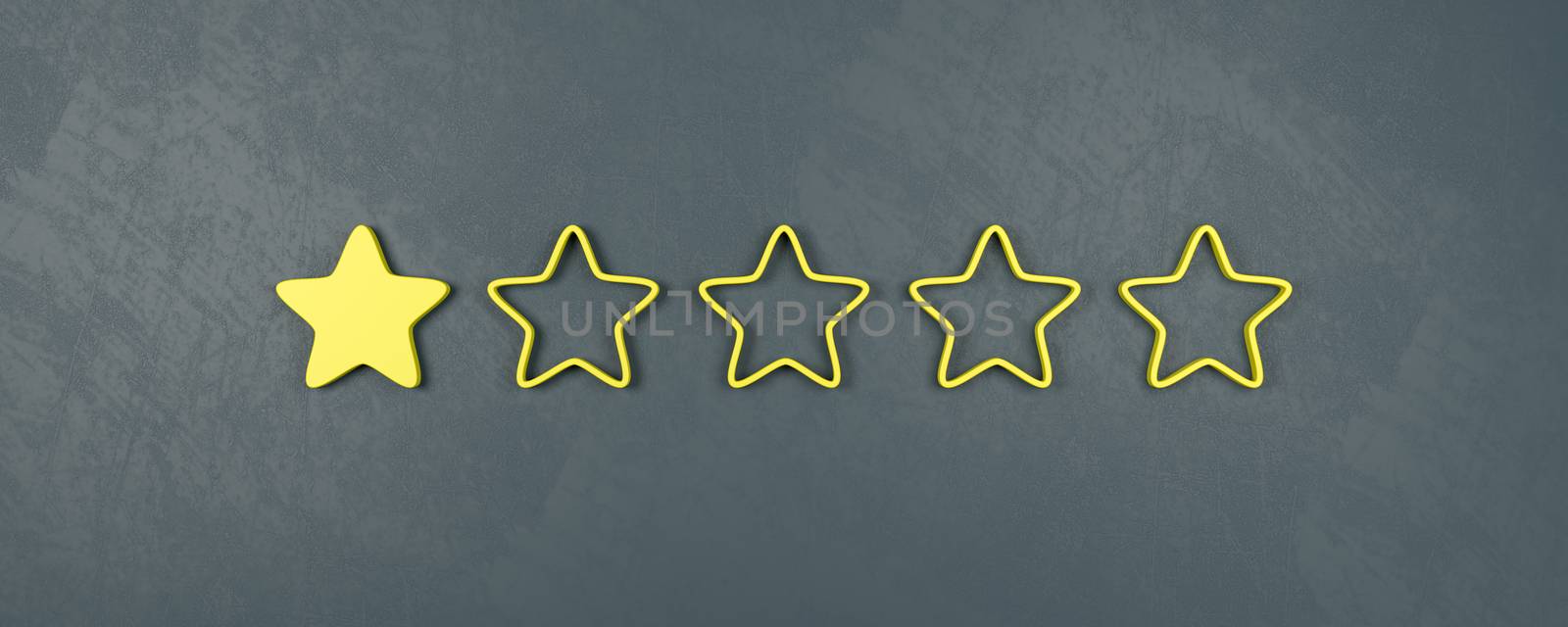 One of Five Yellow Star Shapes 3D Illustration, Very Bad Rating Concepts