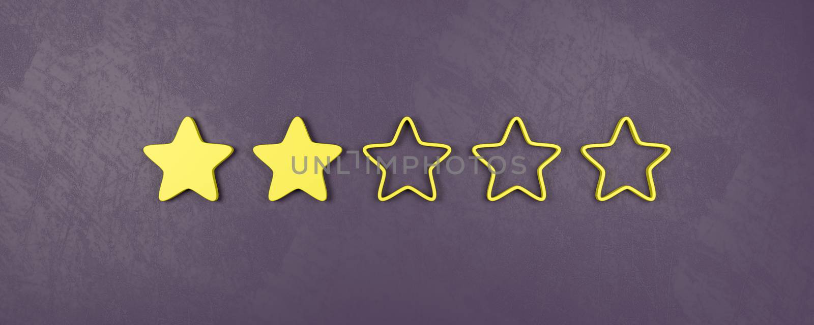 Two of Five Yellow Star Shapes 3D Illustration, Bad Rating Concepts