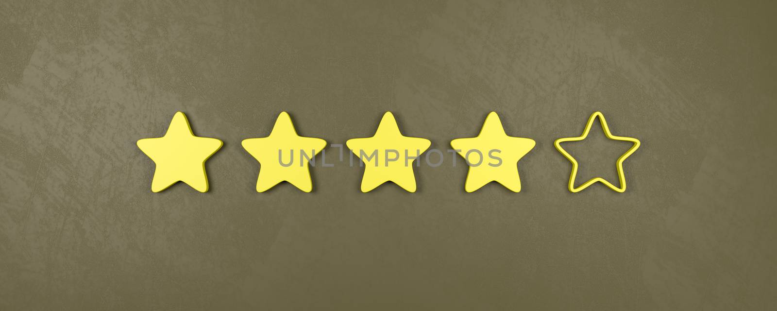 Four of Five Yellow Star Shapes 3D Illustration, Good Rating Concepts