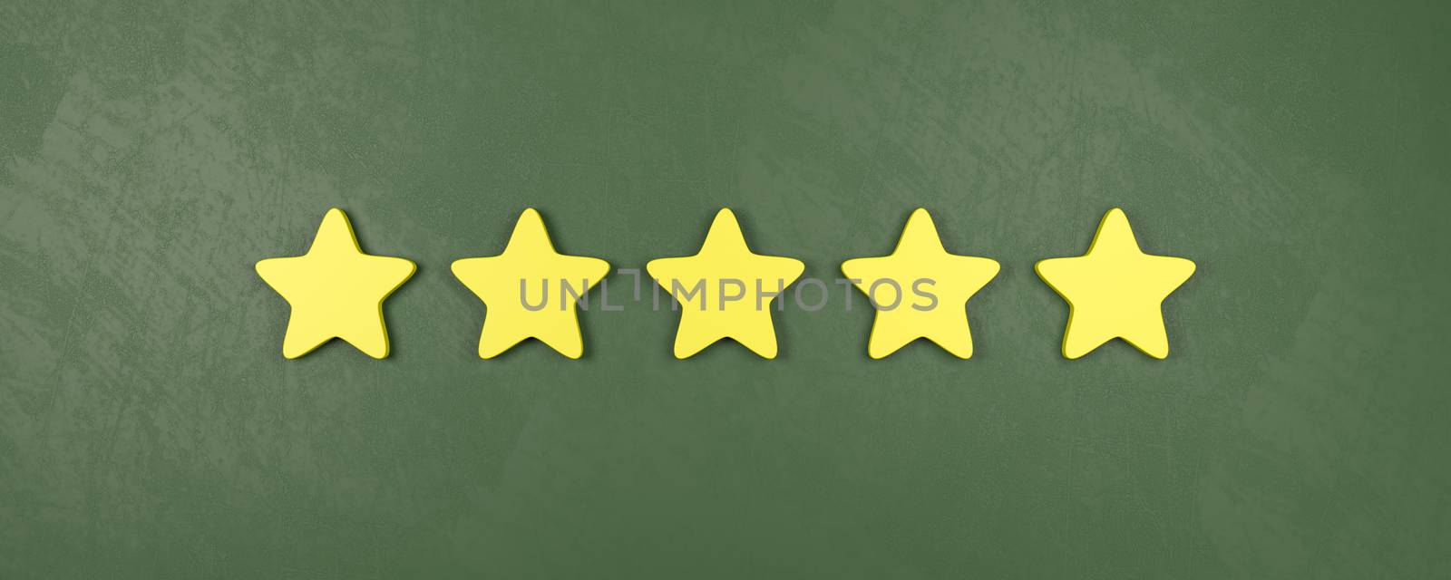 Five of Five Yellow Star Shapes 3D Illustration, Very Good Rating Concepts