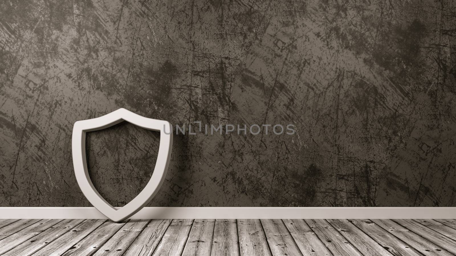 White Shield 3D Symbol Shape on Wooden Floor Against Gray Wall with Copy Space 3D Illustration