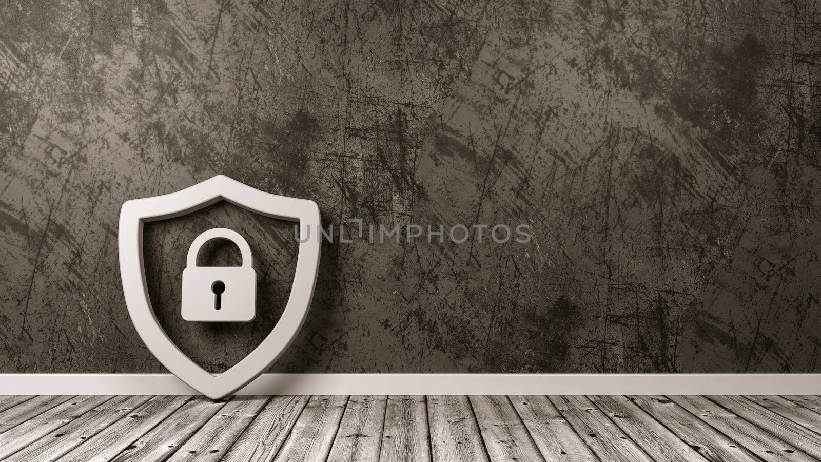 White Shield 3D Symbol Shape with Padlock on Wooden Floor Against Gray Wall with Copy Space 3D Illustration