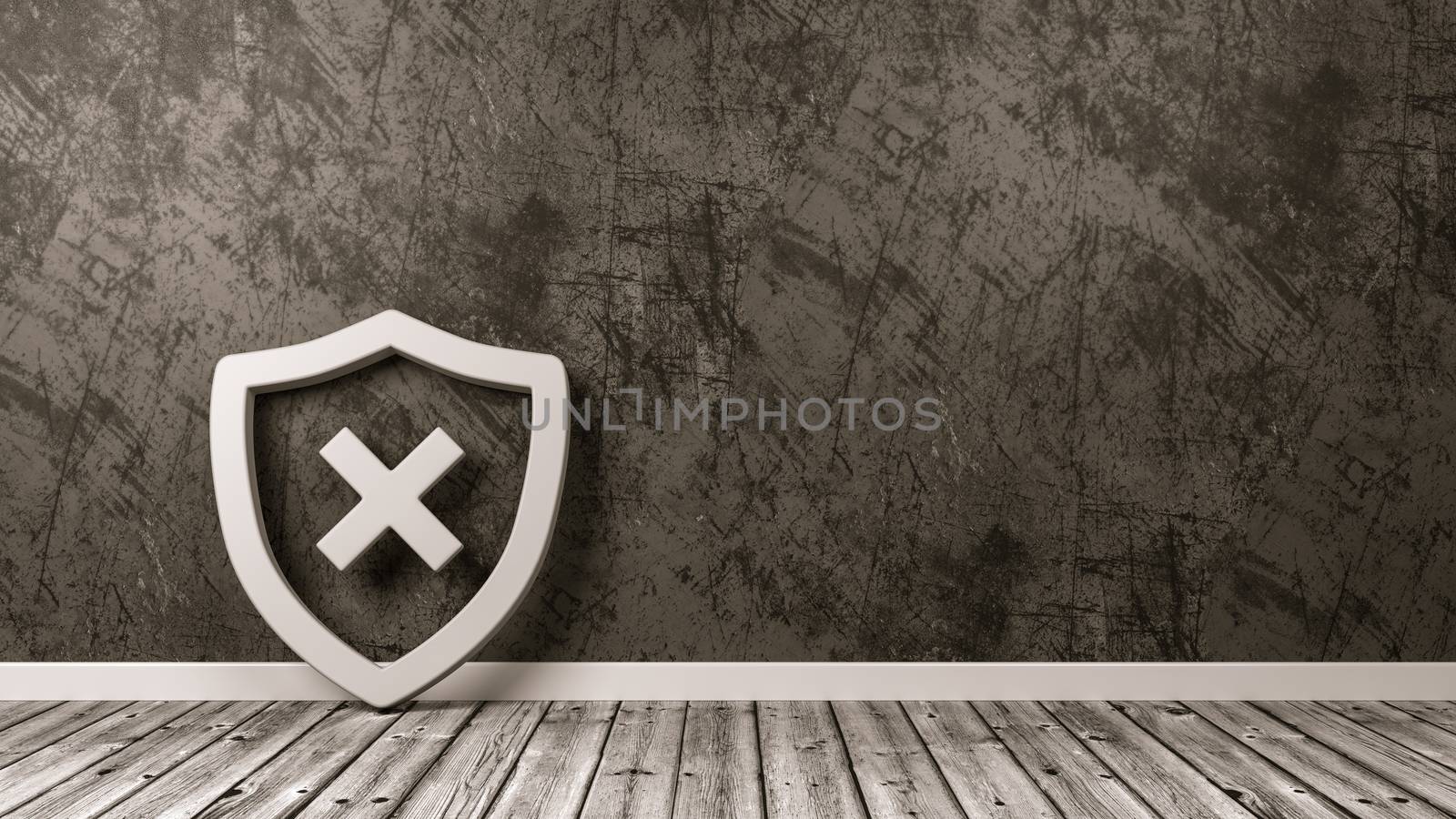 White Shield 3D Symbol Shape with Cross on Wooden Floor Against Gray Wall with Copy Space 3D Illustration