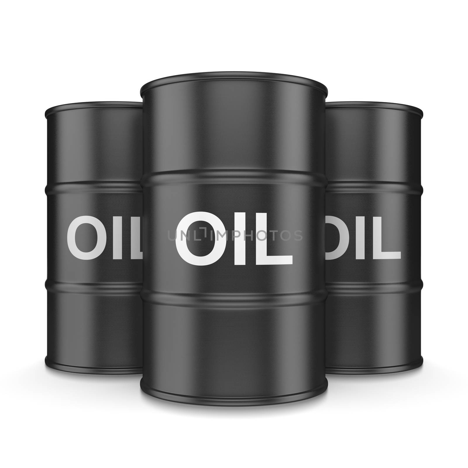 Three Black Oil Barrels on White Background 3D Illustration