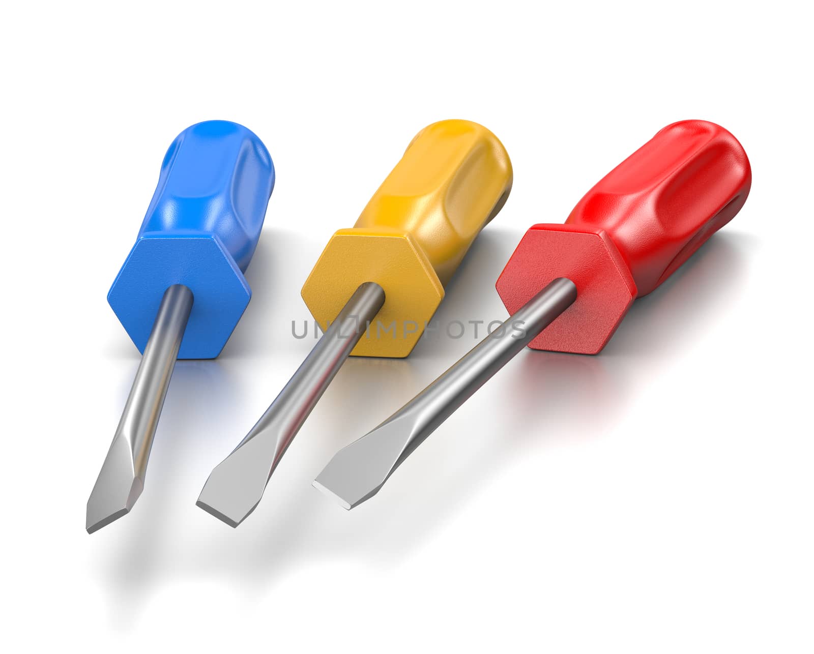 Three Blue, Red and Yellow Screwdrivers on White Background 3D Illustration