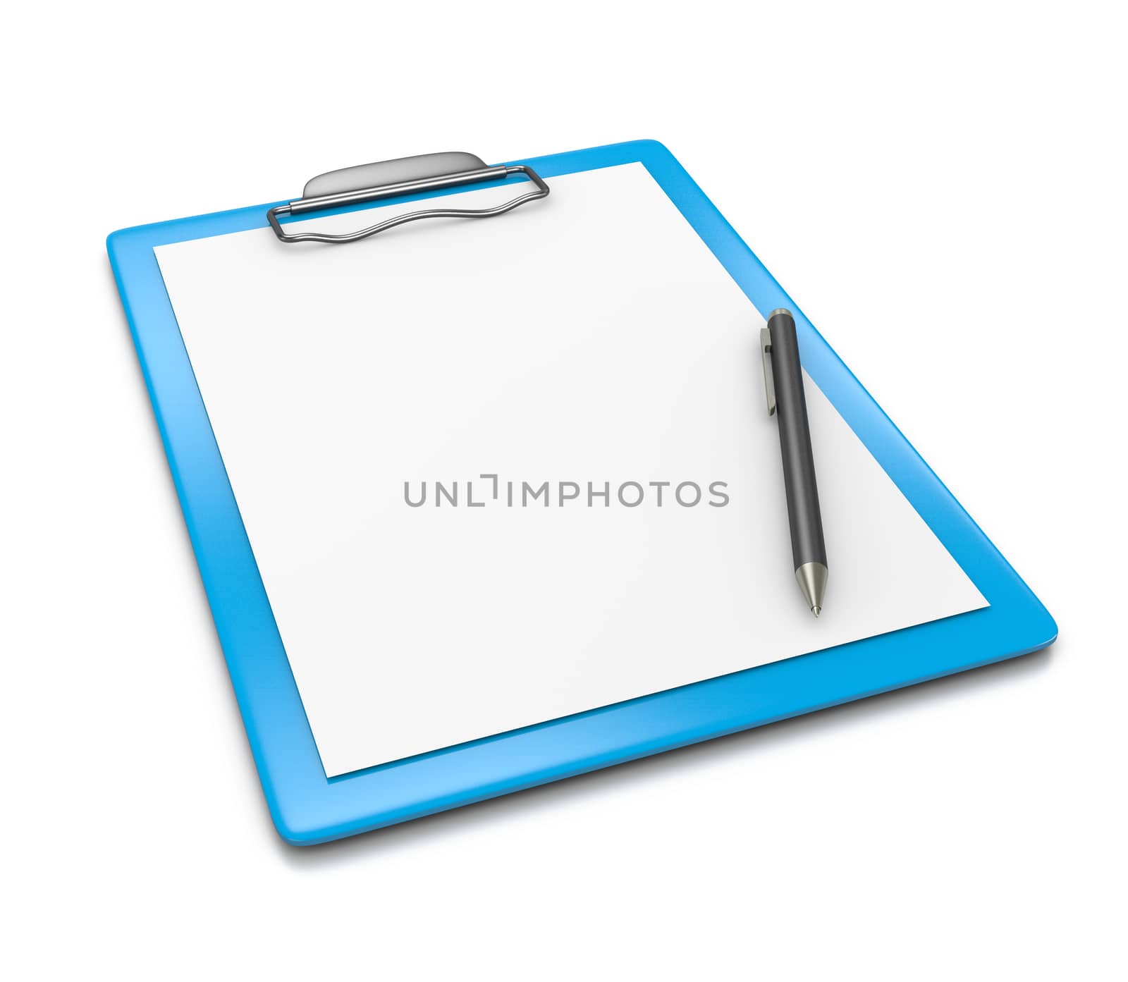 Blue Clipboard with Blank Paper and a Black Ball-point Pen on White Background 3D Illustration