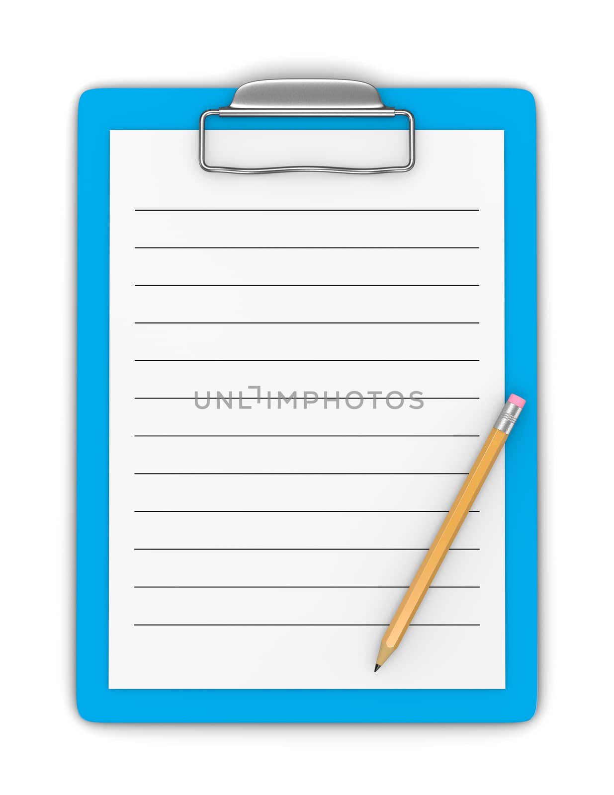 Blue Clipboard with Pencil and Blank Ruled Paper on White Background 3D Illustration