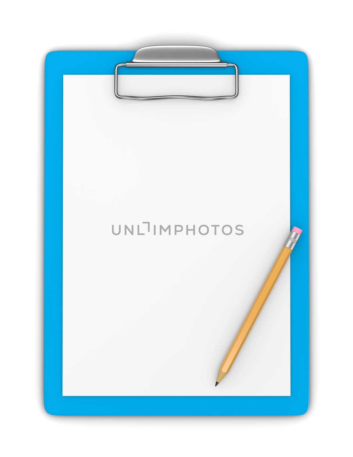 Blue Clipboard with Blank Paper and Pencil on White Background 3D Illustration