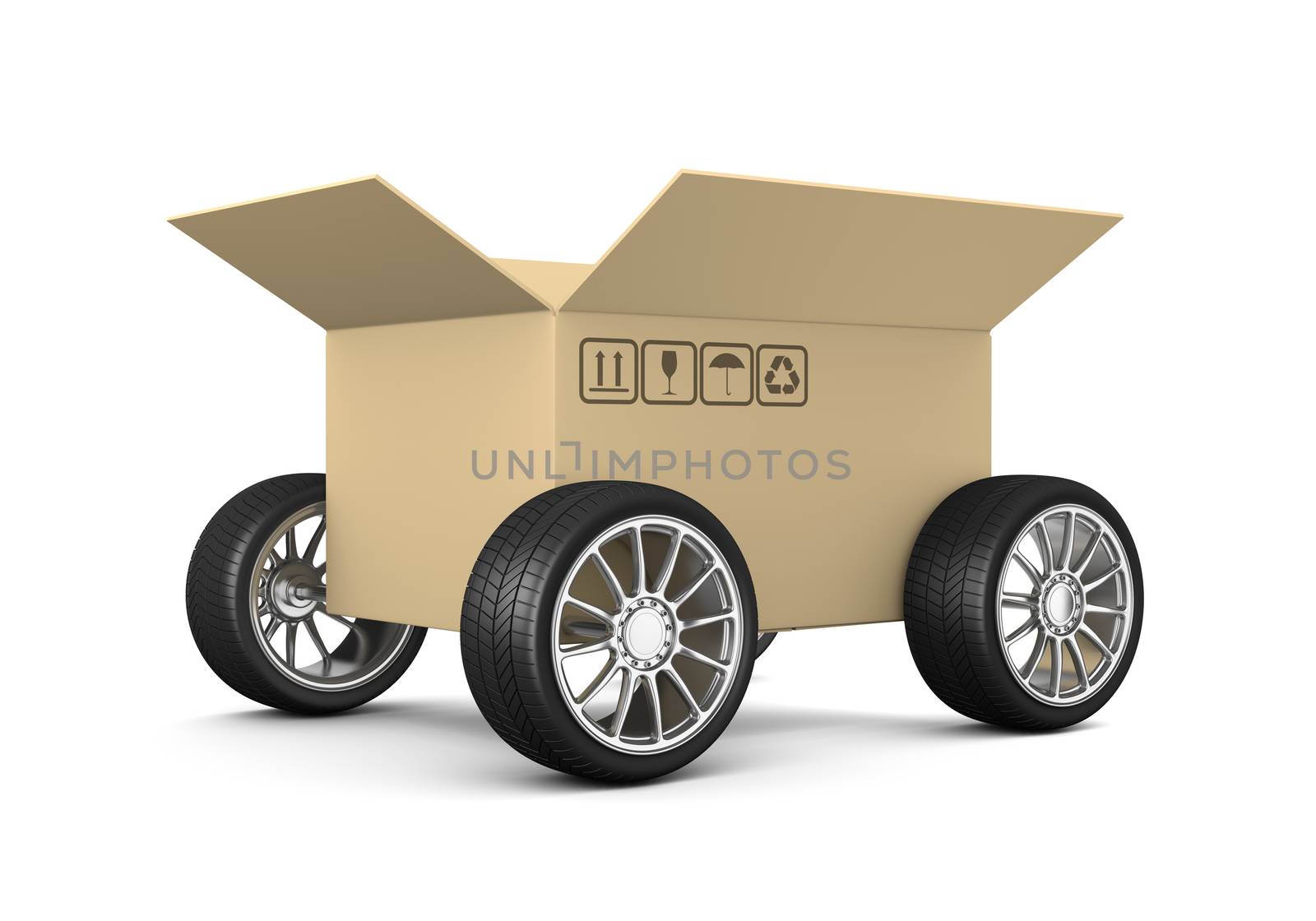 Open Cardboard Box on Wheels on White Background 3D Illustration, Shipment Concept