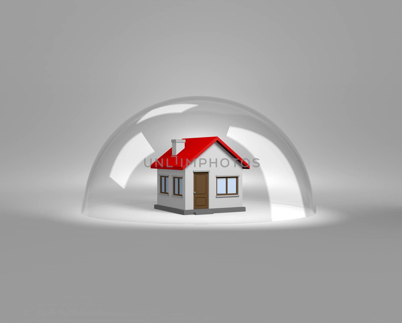 House under a Glass Shield 3D Illustration, Protection Concept