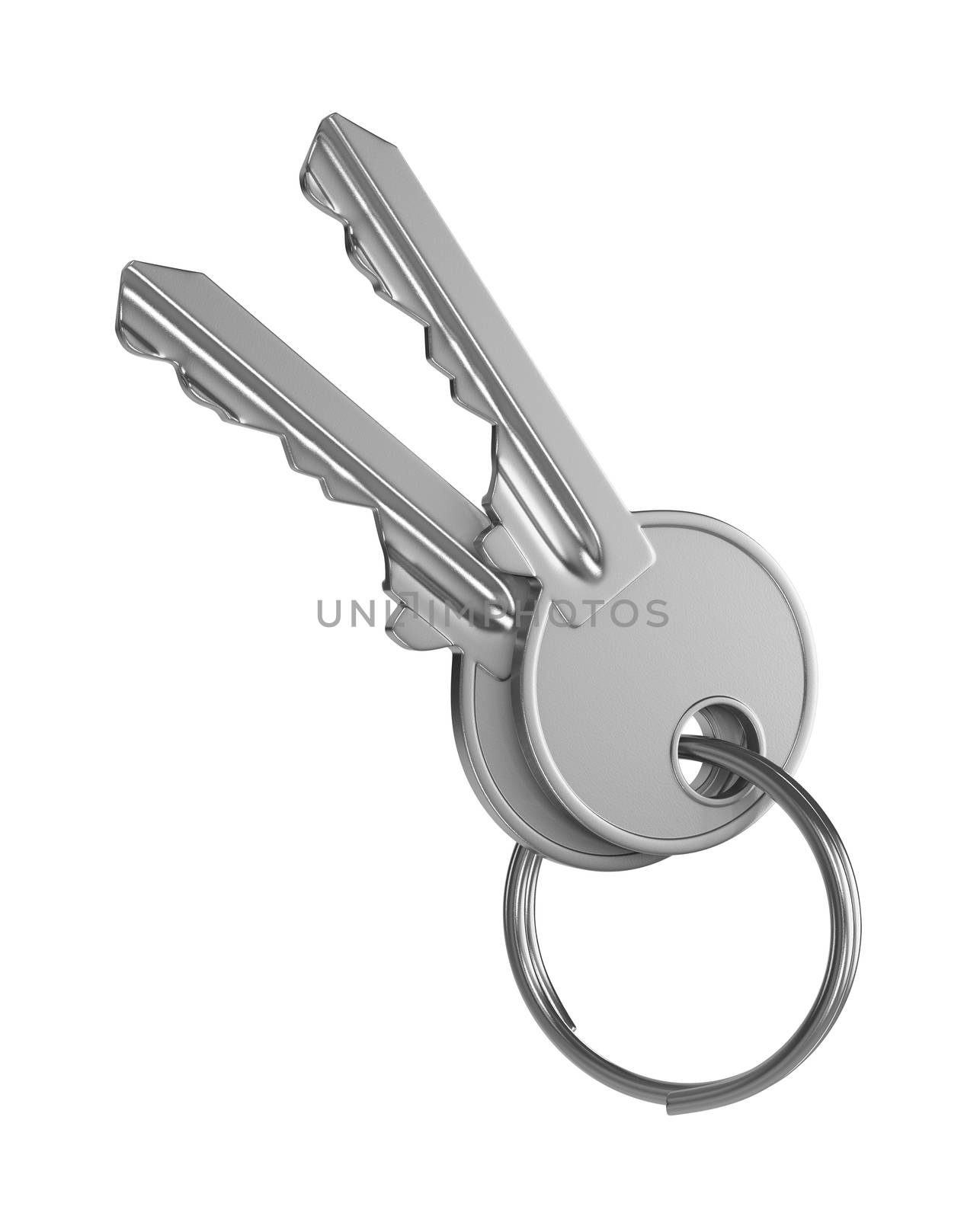 Two Metal Keys with Key Rings Isolated on White Background 3D Illustration