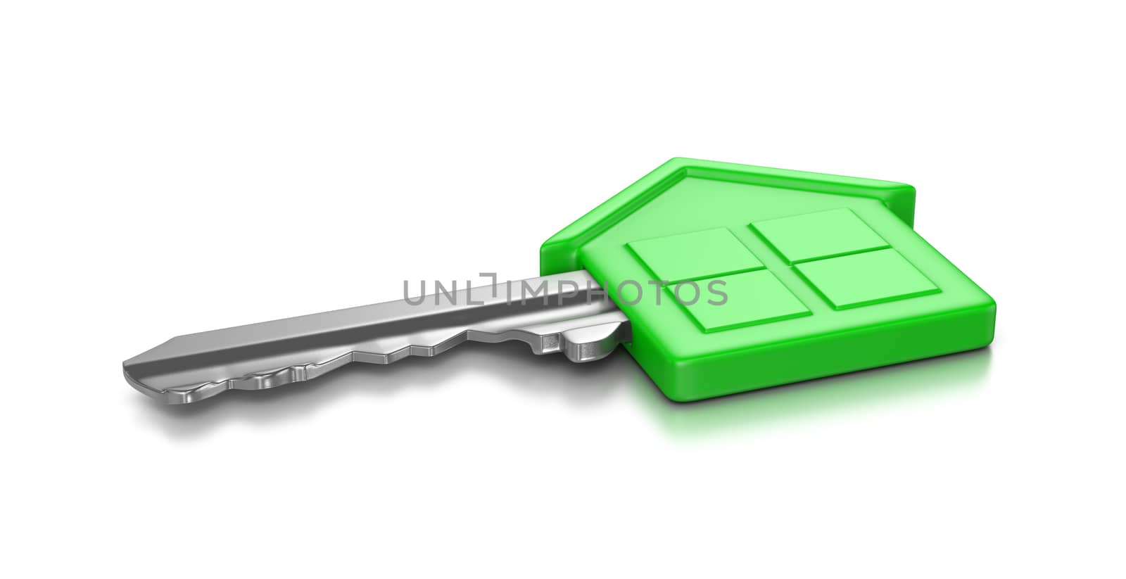 One Single Metal Key with Green Plastic Head in the Shape of an House on White Background 3D Illustration