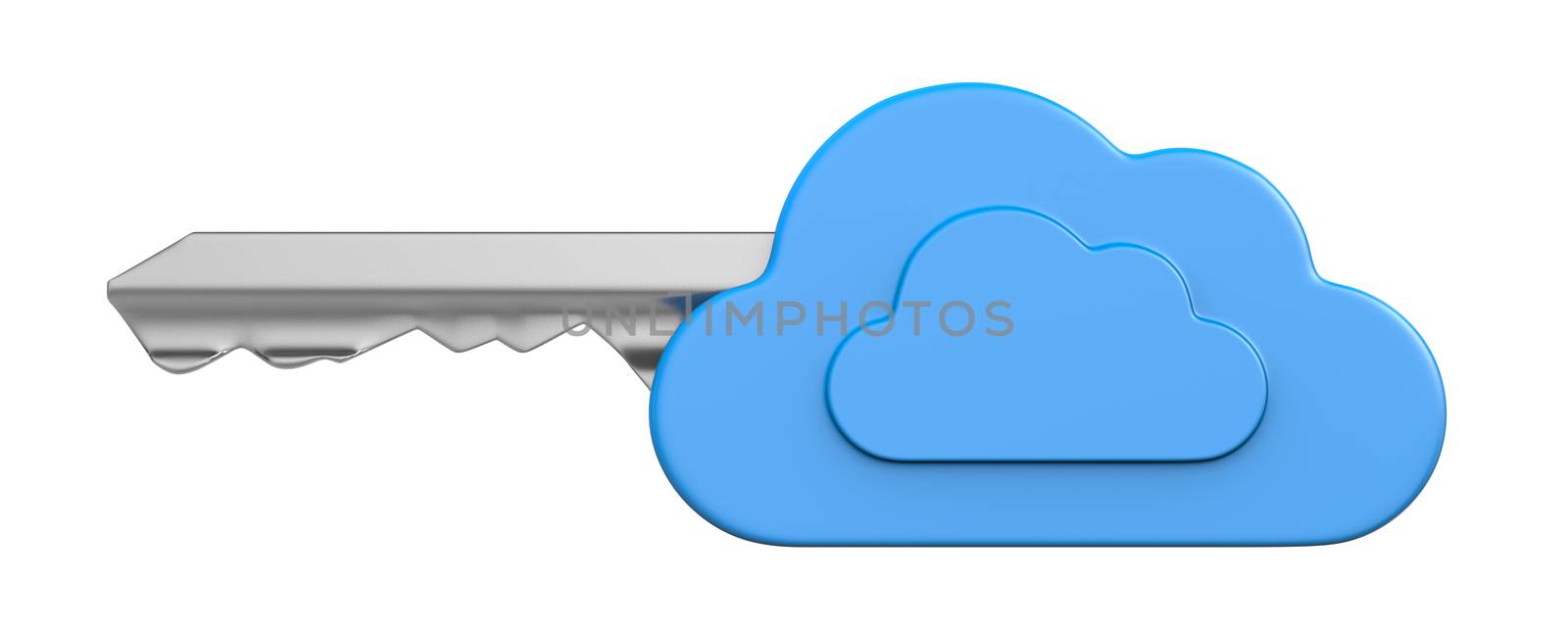 One Single Metal Key with Blue Plastic Head in the Shape of Cloud Isolated on White Background 3D Illustration