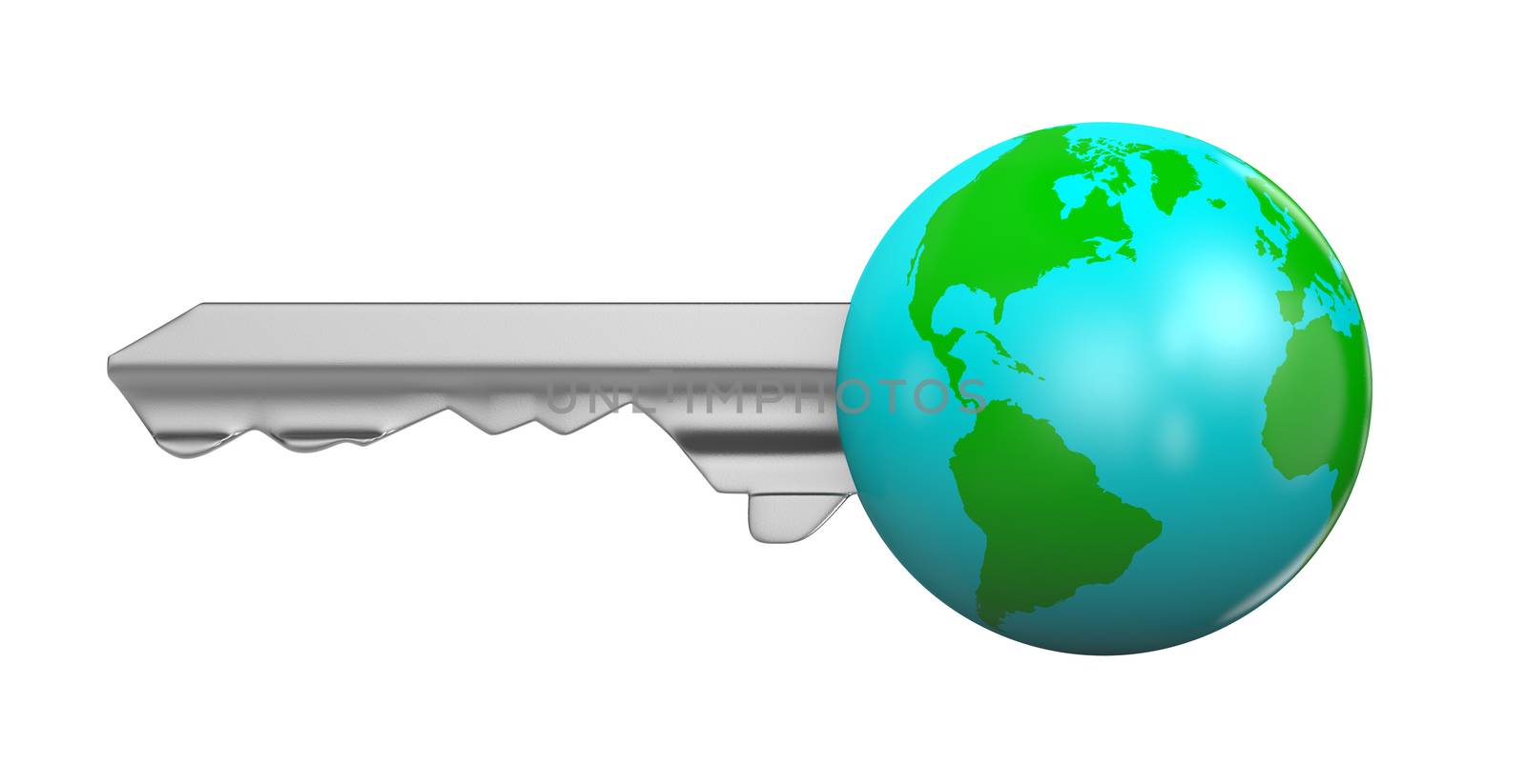 One Single Metal Key with Head in the Shape of the Earth Isolated on White Background 3D Illustration