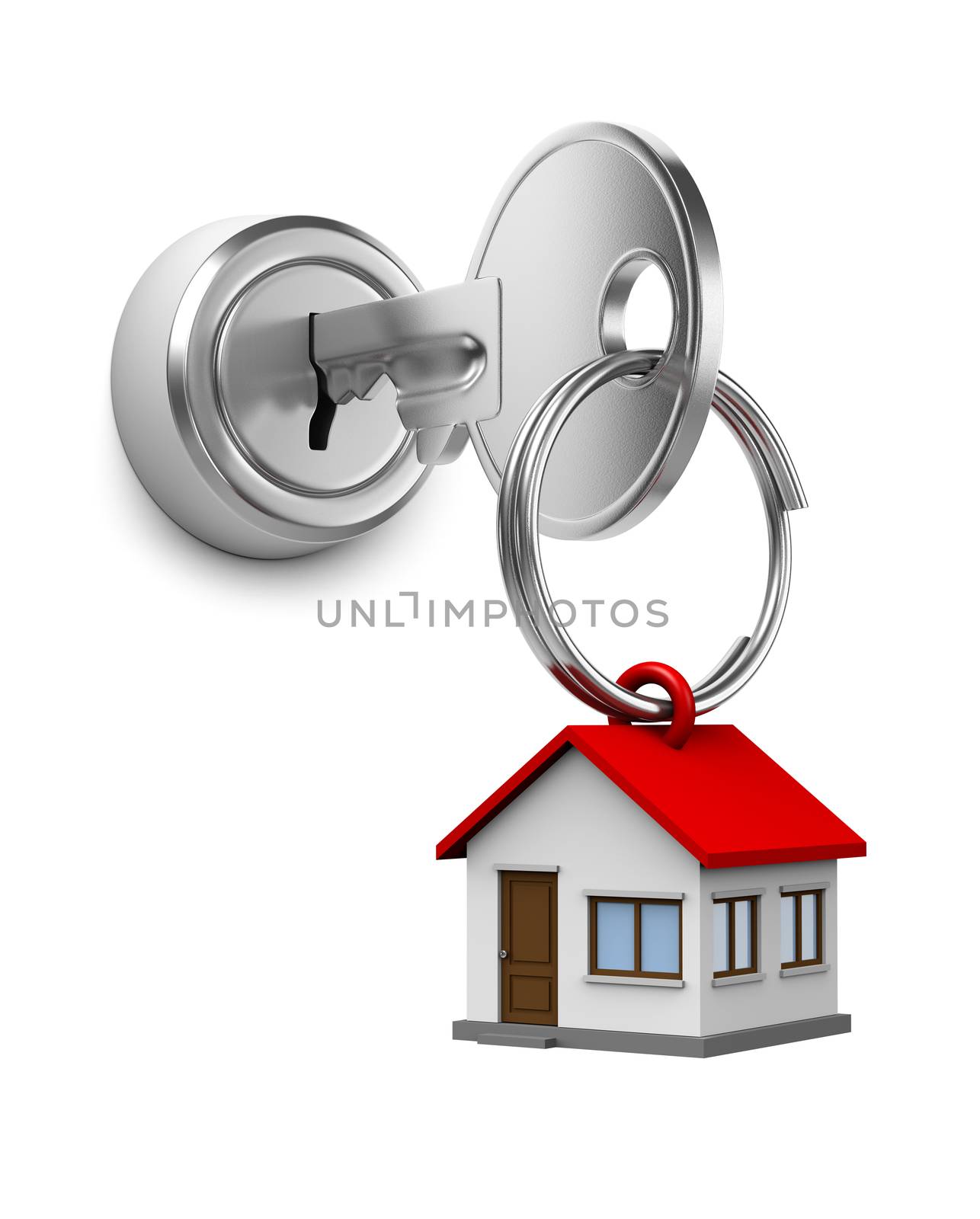 One Single Metal Key with Key Rings in the Shape of a House Inserted in a Door Lock on White Background 3D Illustration