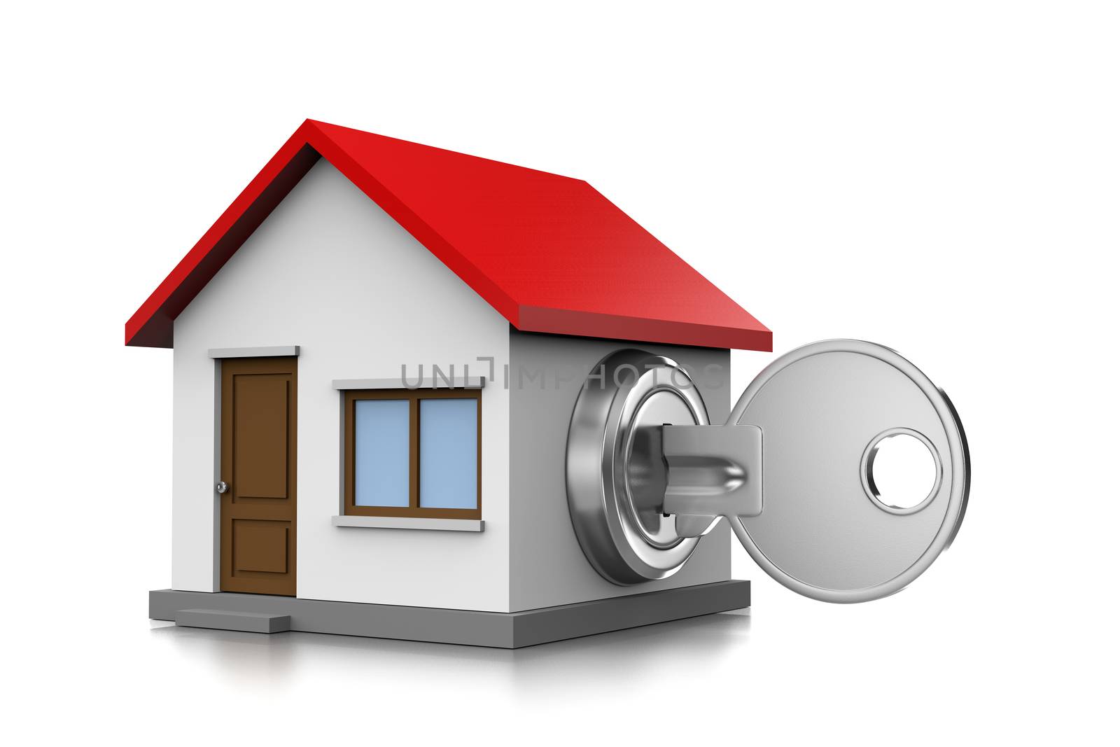 Metal Key Inserted in an House Shaped Lock 3D Illustration on White Background
