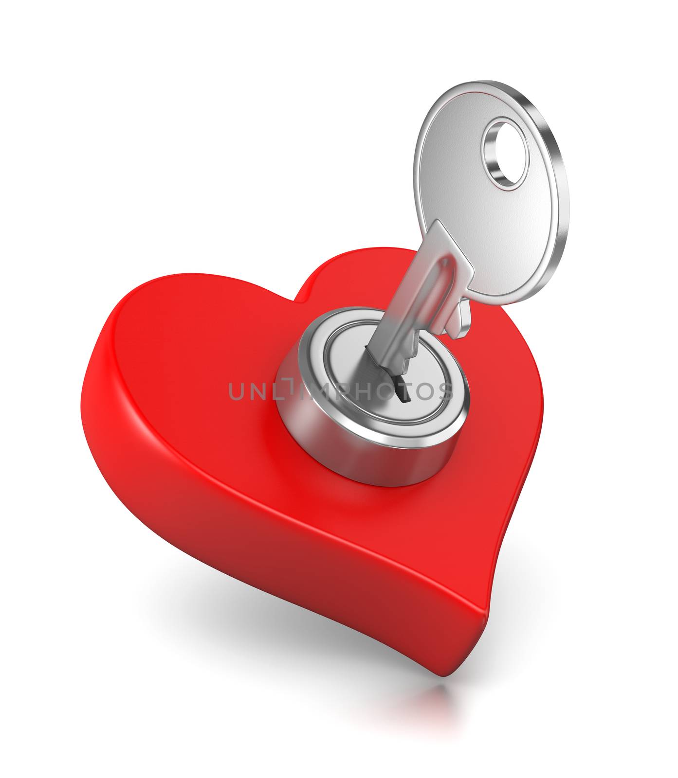 Metal Key Inserted in a Red Heart Shaped Lock 3D Illustration on White Background