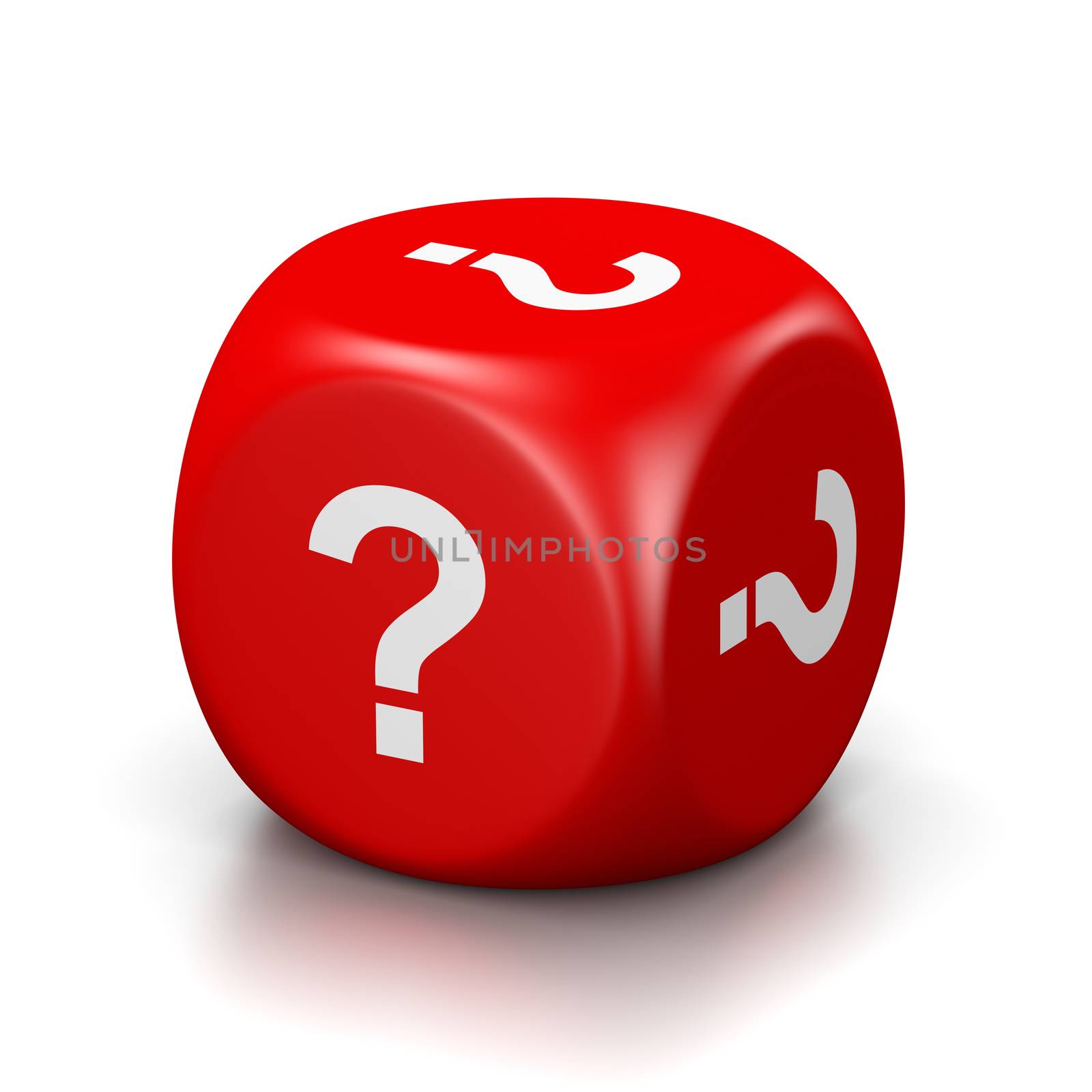 One Single Red Dice with Question Mark on Every Face on White Background 3D Illustration