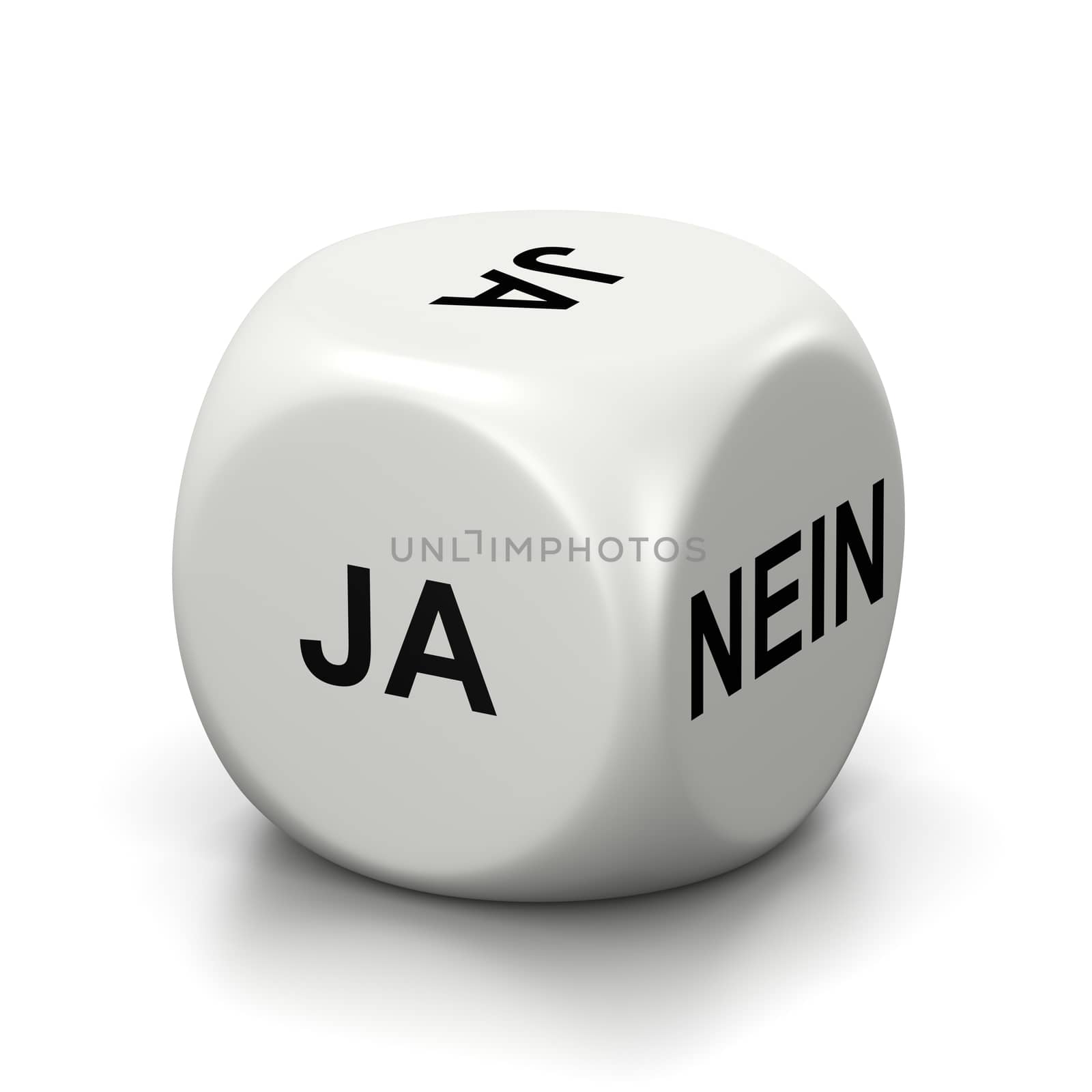 One Single White Dice with Yes or No German Text on Faces on White Background 3D Illustration