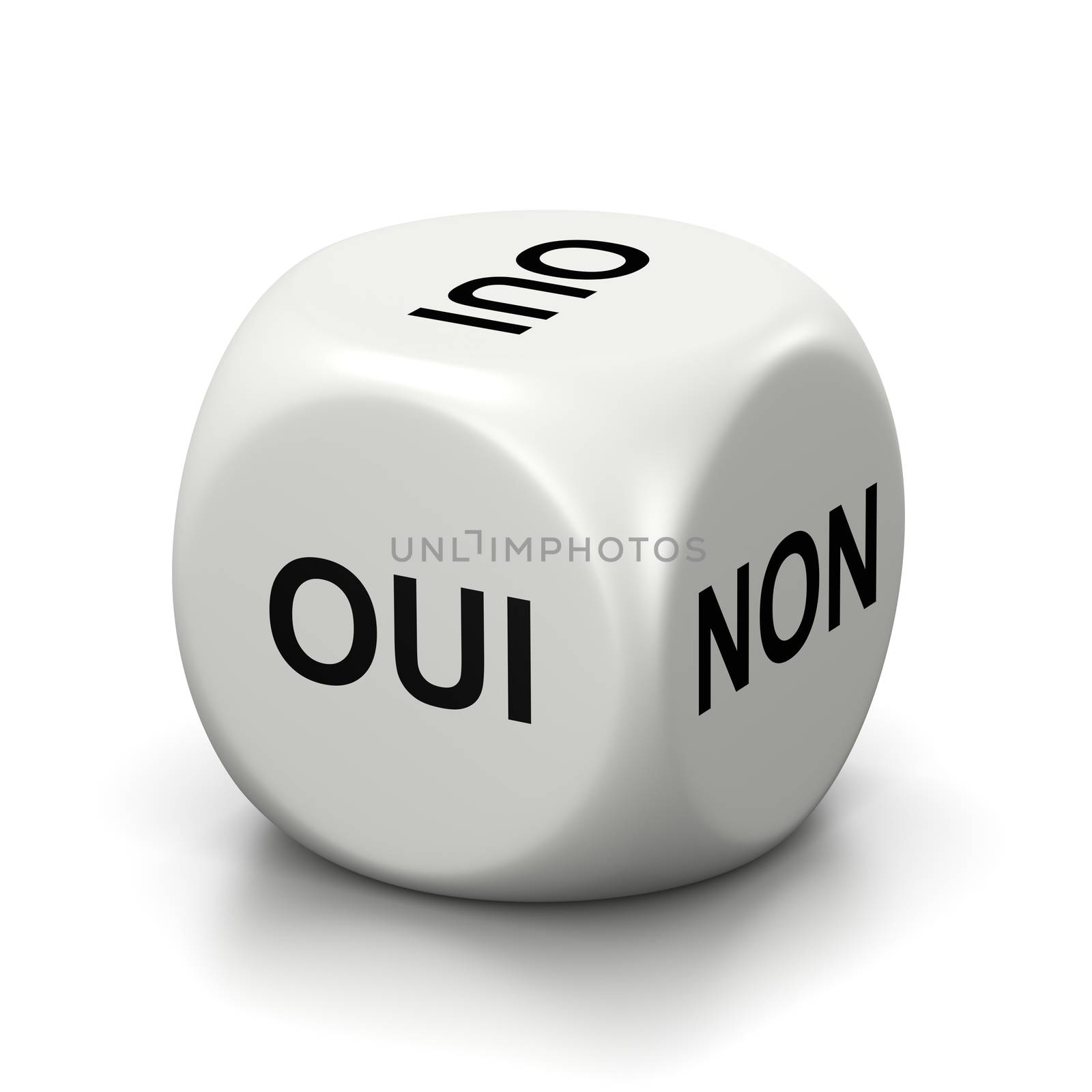 One Single White Dice with Yes or No French Text on Faces on White Background 3D Illustration