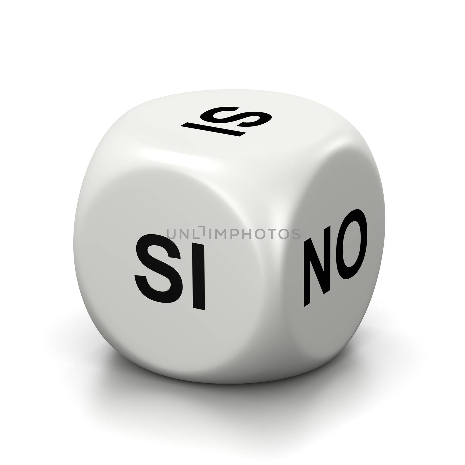 One Single White Dice with Yes or No Spanish and Italian Text on Faces on White Background 3D Illustration