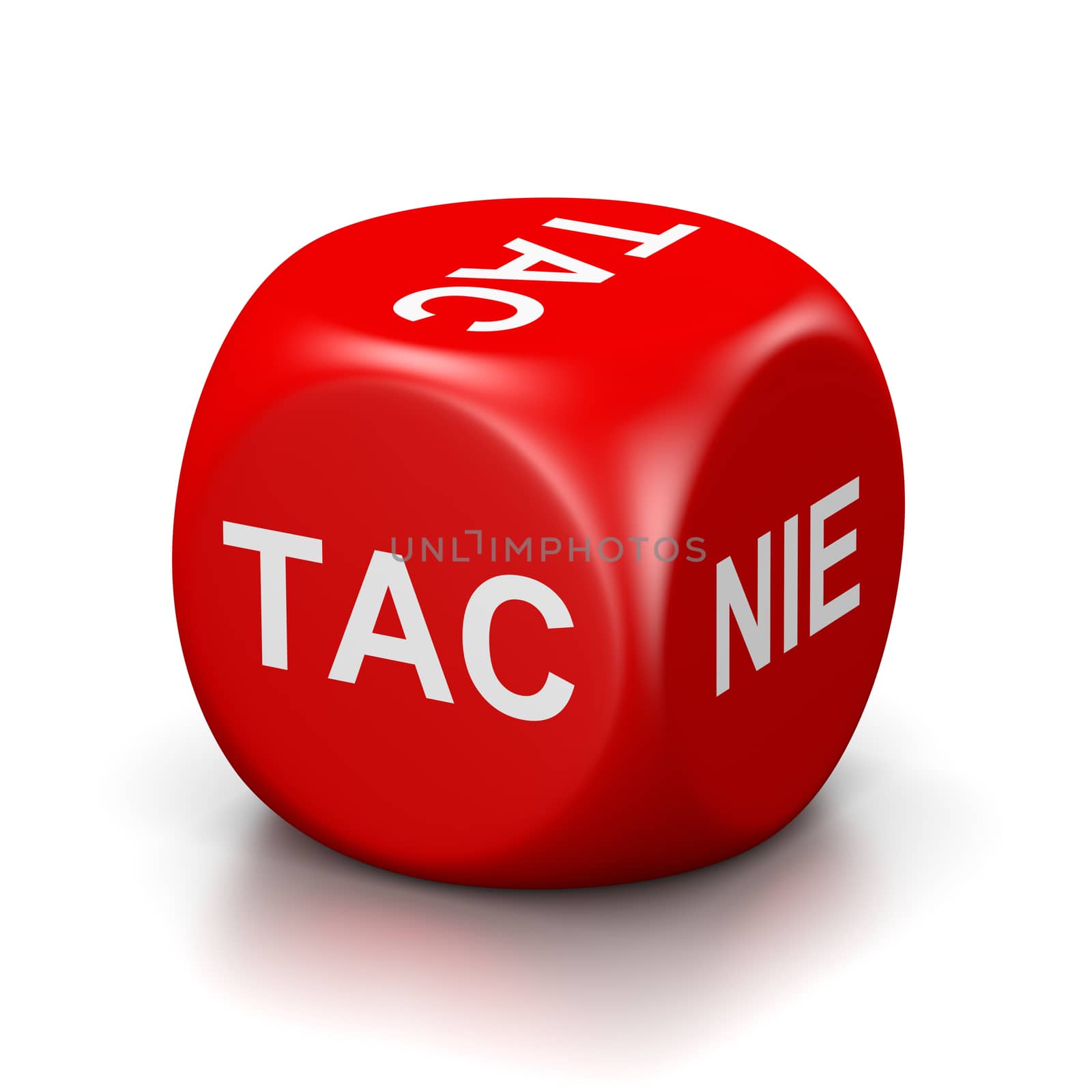 One Single Red Dice with Yes or No Polish Text on Faces on White Background 3D Illustration