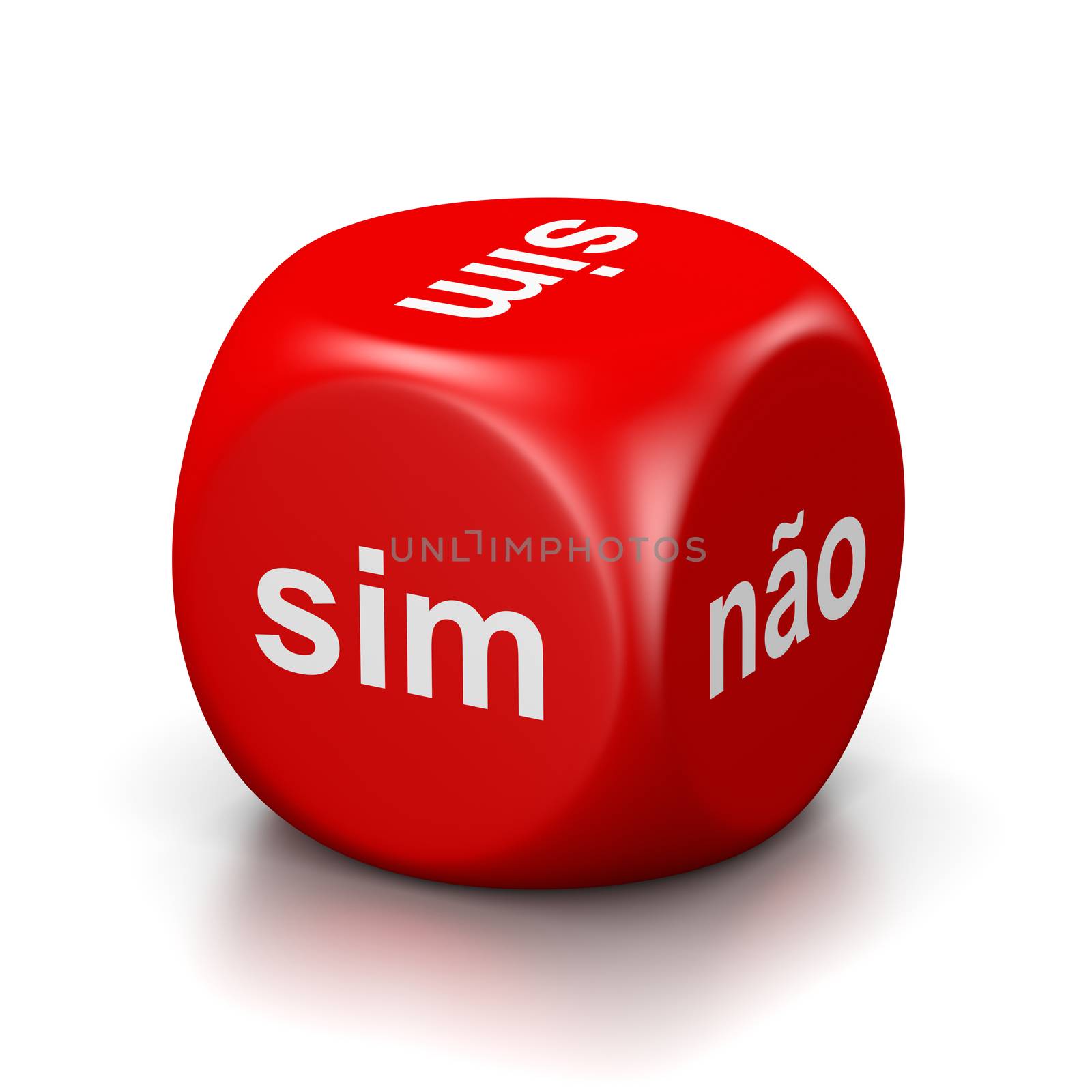 One Single Red Dice with Yes or No Portuguese Text on Faces on White Background 3D Illustration