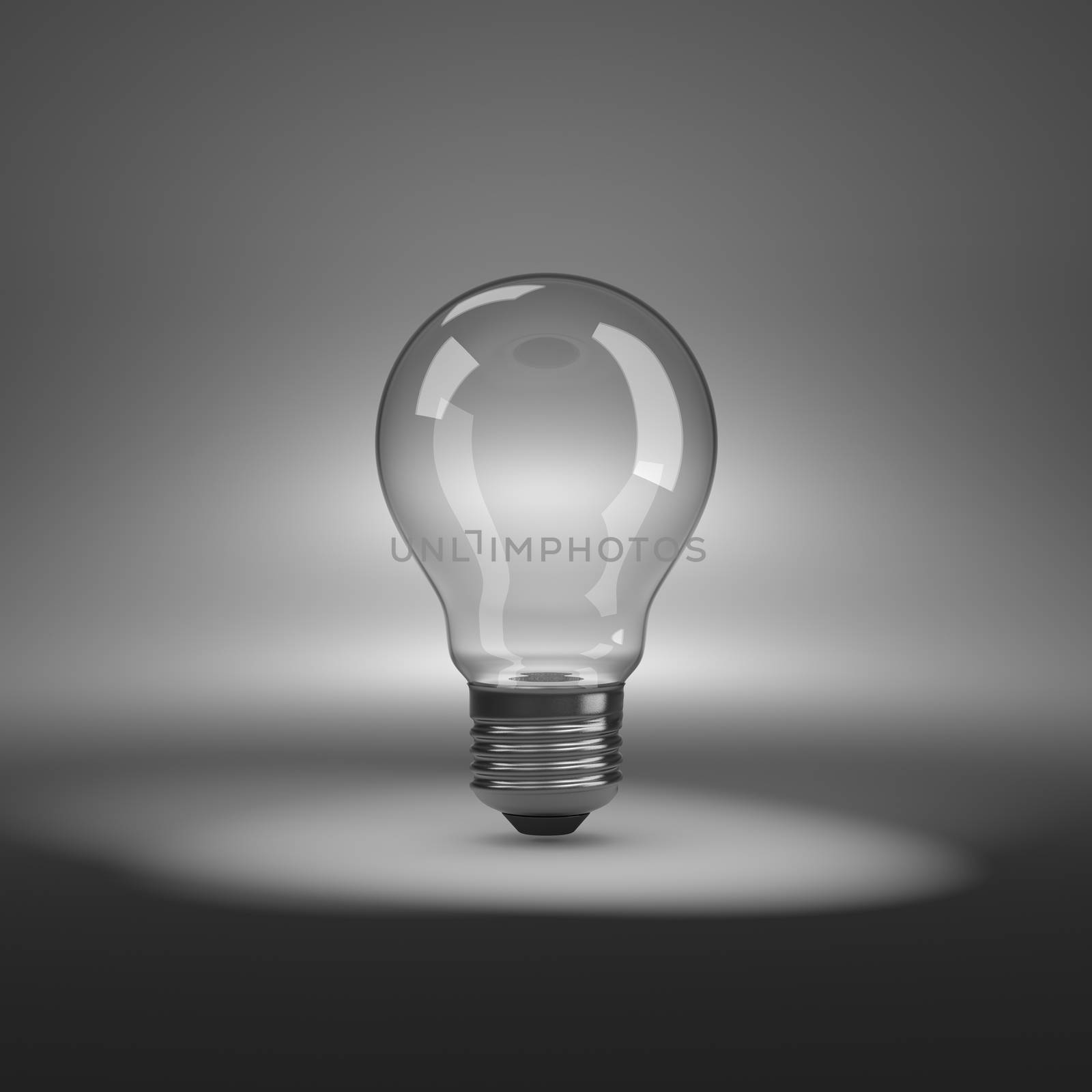 One Single Empty Light Bulb under Spotlight 3D Illustration
