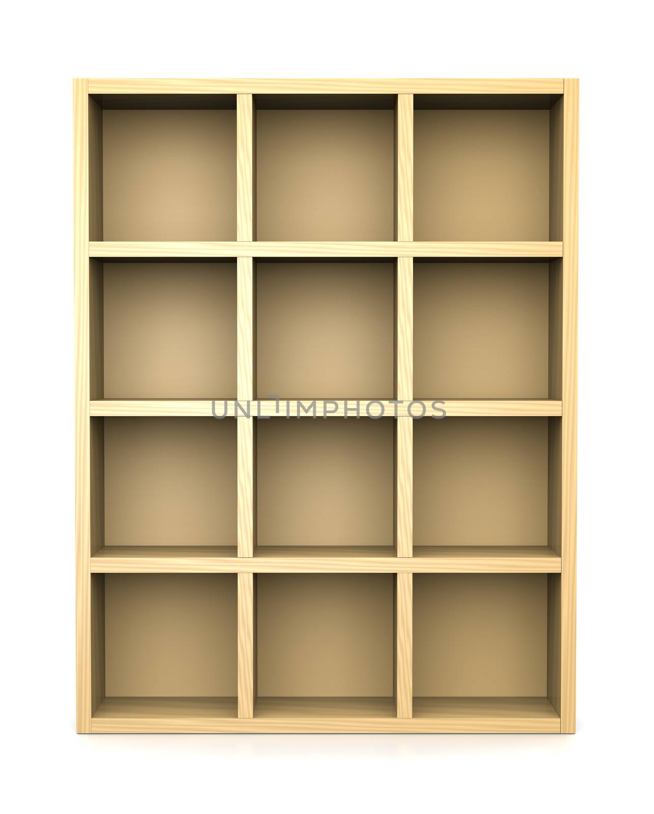 Empty Wooden Bookshelf on White Background