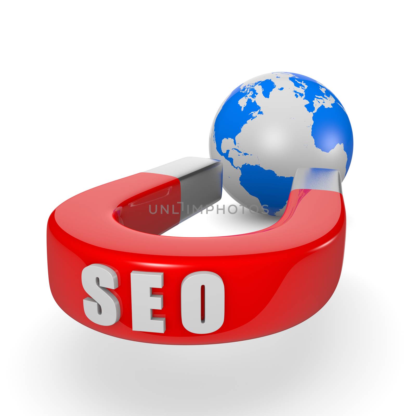 Red Magnet with SEO Text Attracts the World on White Background 3D Illustration