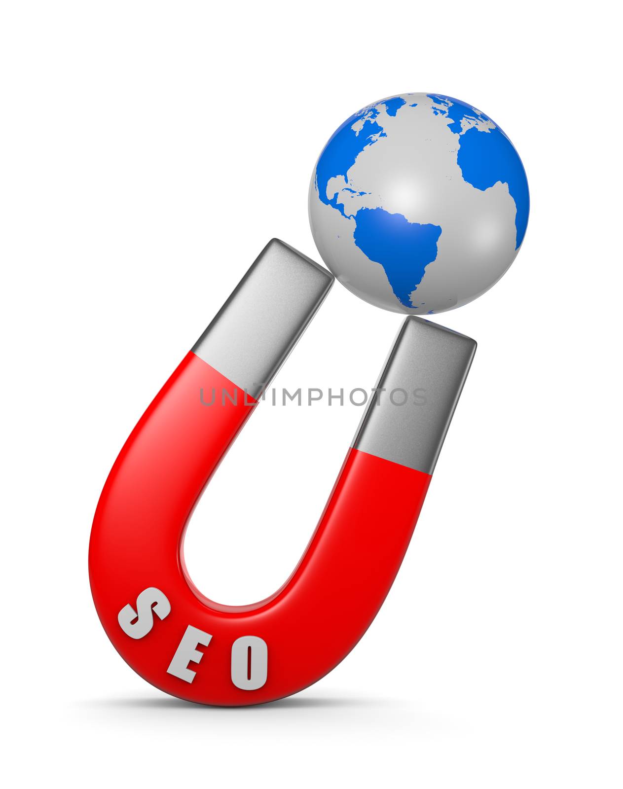 Red Magnet with SEO Text Attracts the World on White Background 3D Illustration