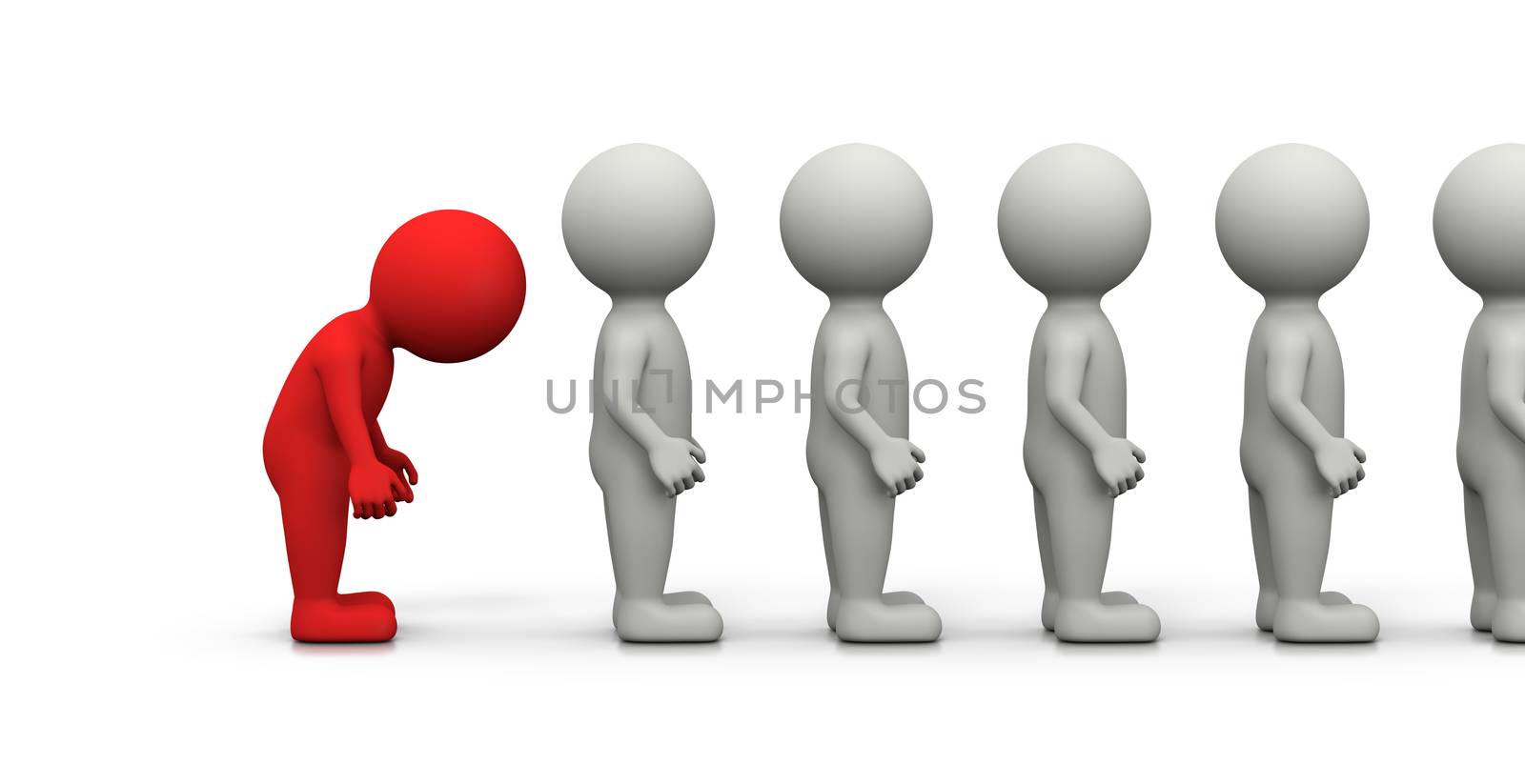 Red Frustrated 3D Character Waiting in Line on White Background 3D Illustration