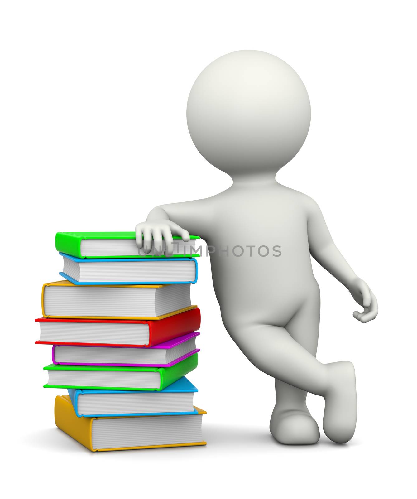 White 3D Character Leaned on a Heap of Books by make
