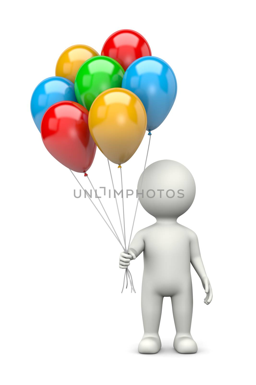 White 3D Character with a Bunch of Colorful Balloons Illustration on White Background