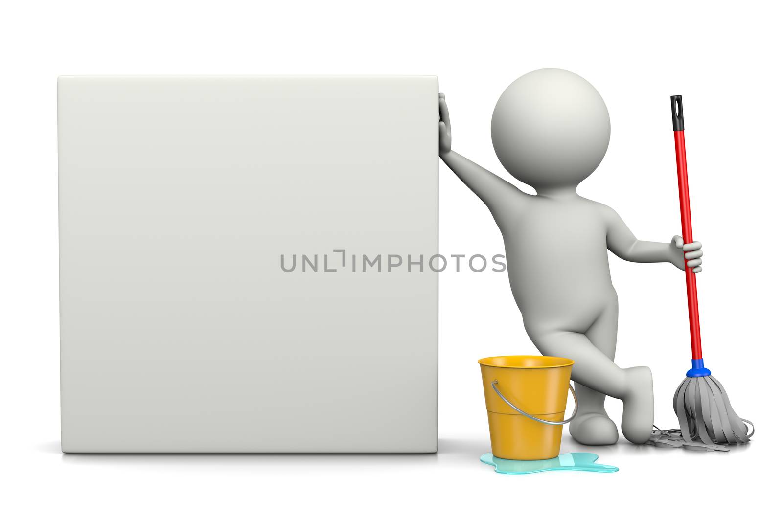 White 3D Character with Cleaning Tools Leaned on a Blank Squared Bill 3D Illustration