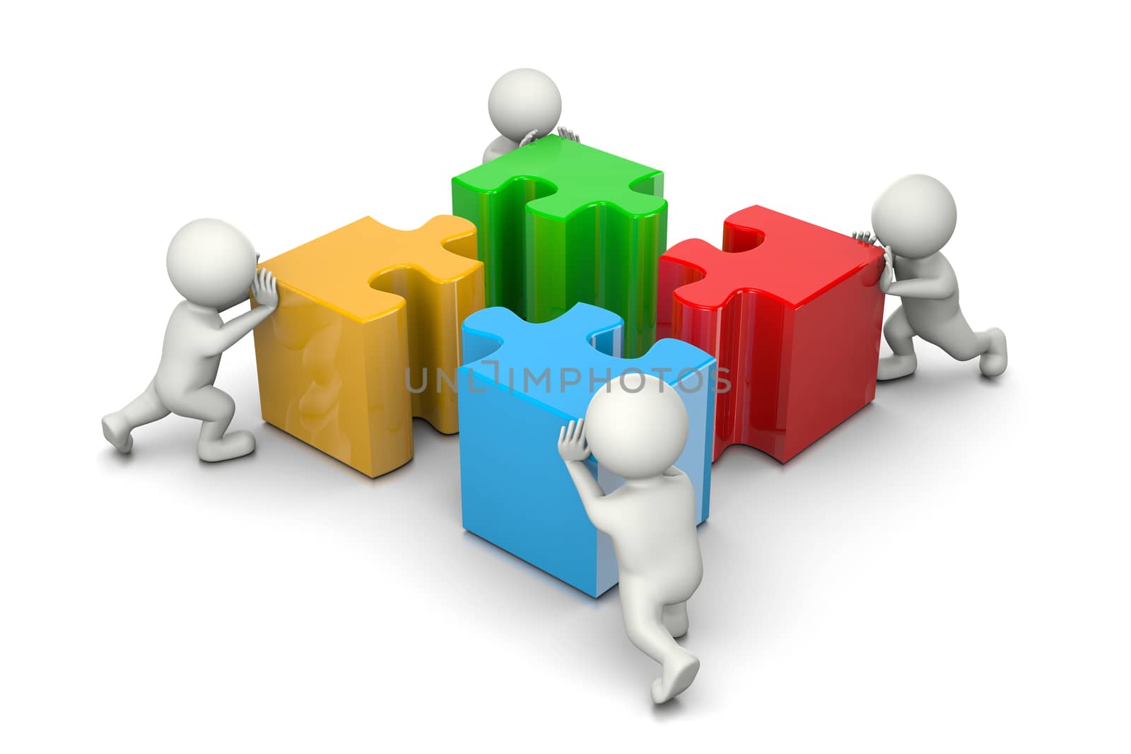 Four 3D People Pushing Four Different Color Puzzle Pieces on White Background, Cooperation Concept Illustration