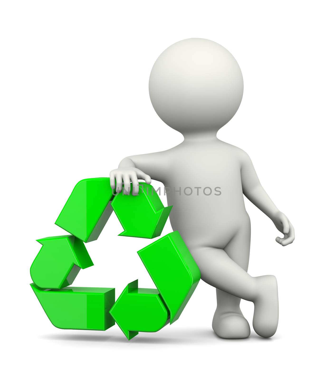White 3D Character Leaned on a Green Recycle Sign on White Background 3D Illustration