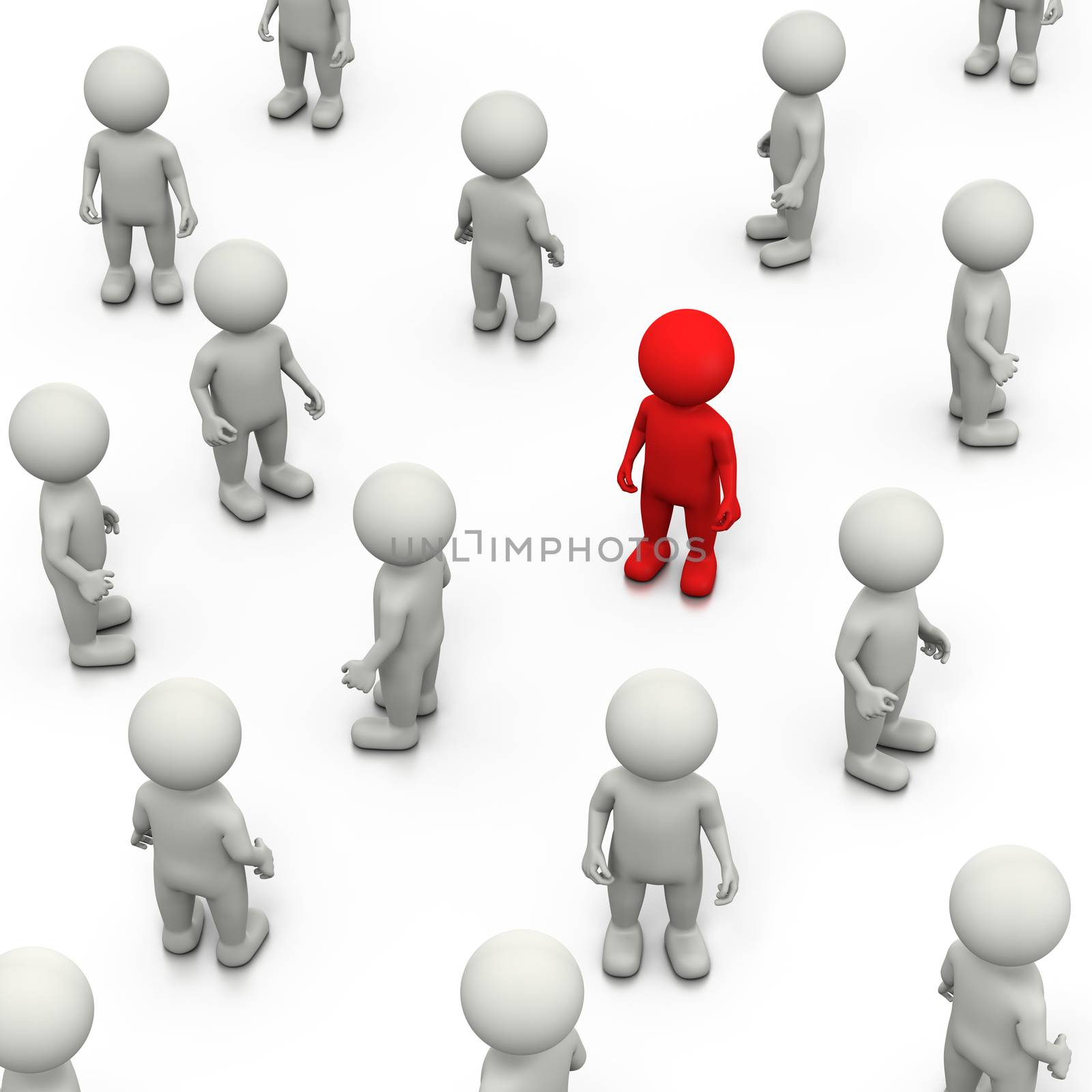 Red 3D Character Stand Out in a Crowd of White, 3D Illustration on White Background