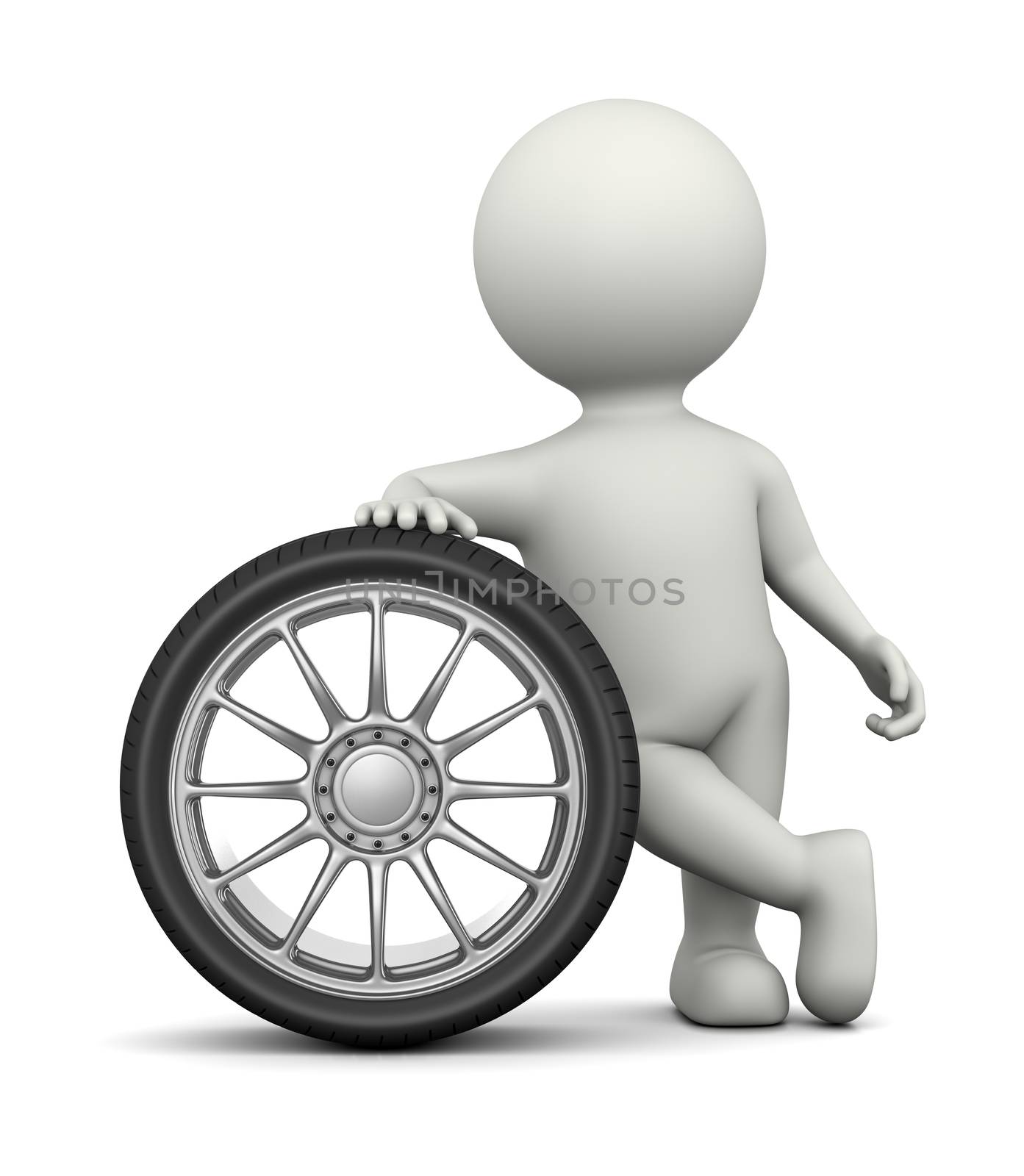 White 3D Character Leaned on a Car Wheel 3D Illustration on White Background