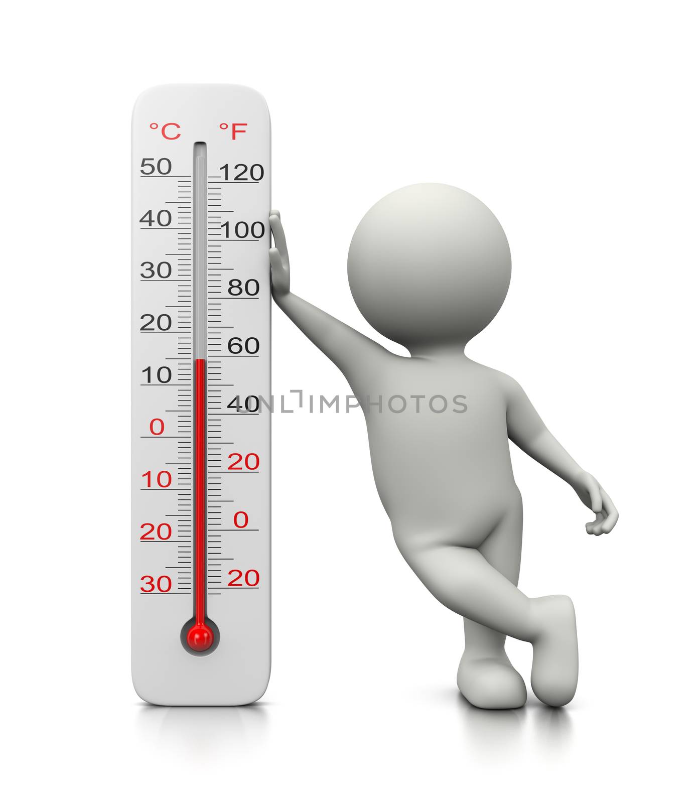 White 3D Character Leaned on a Thermometer 3D Illustration