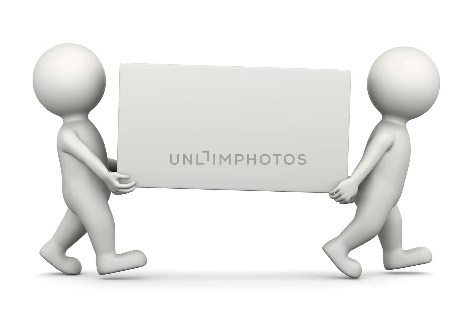 Two White 3D Characters Carrying a Blank Bill Illustration on White Background