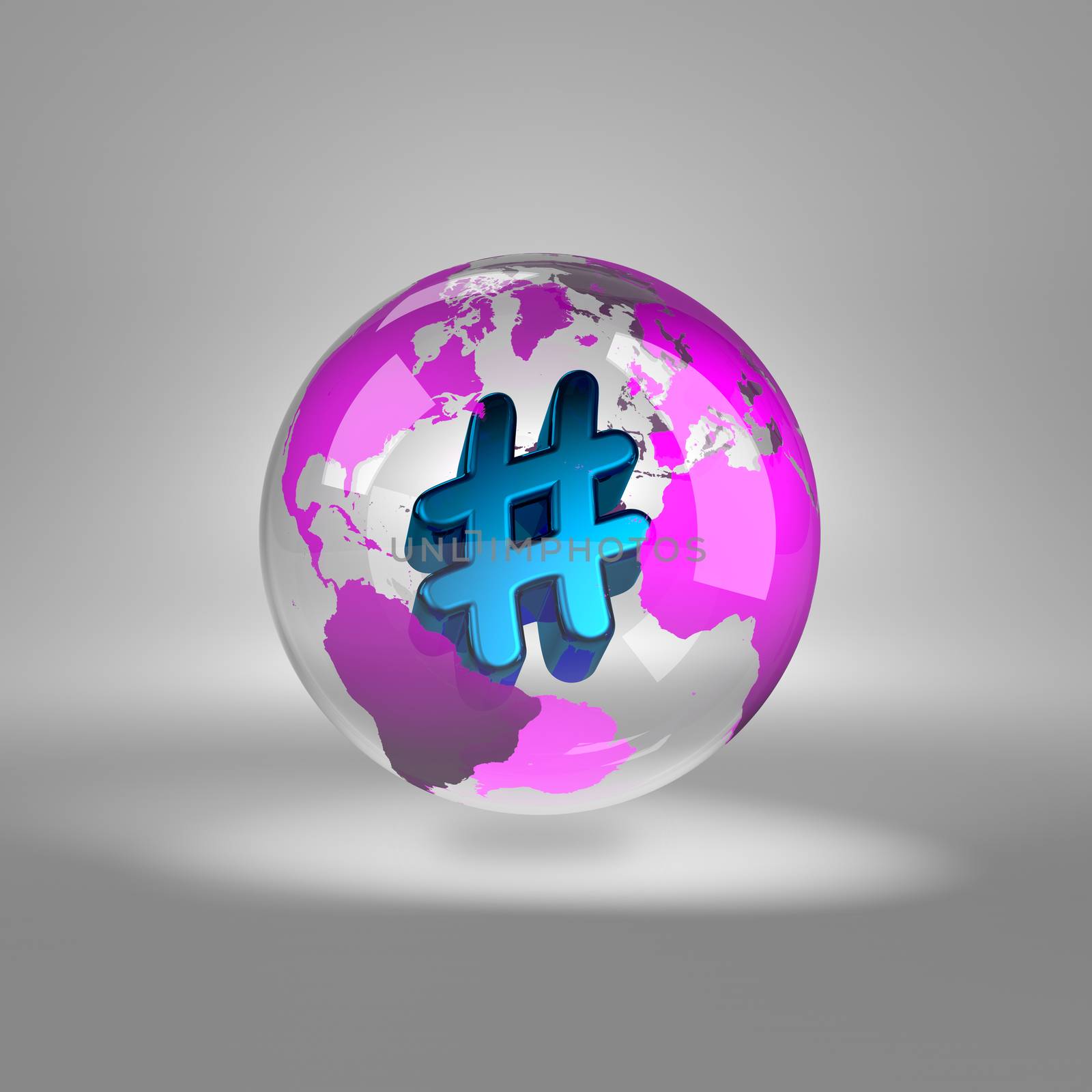 Blue Hashtag Symbol into a Transparent Purple World Globe on Grey Background 3D Illustration
