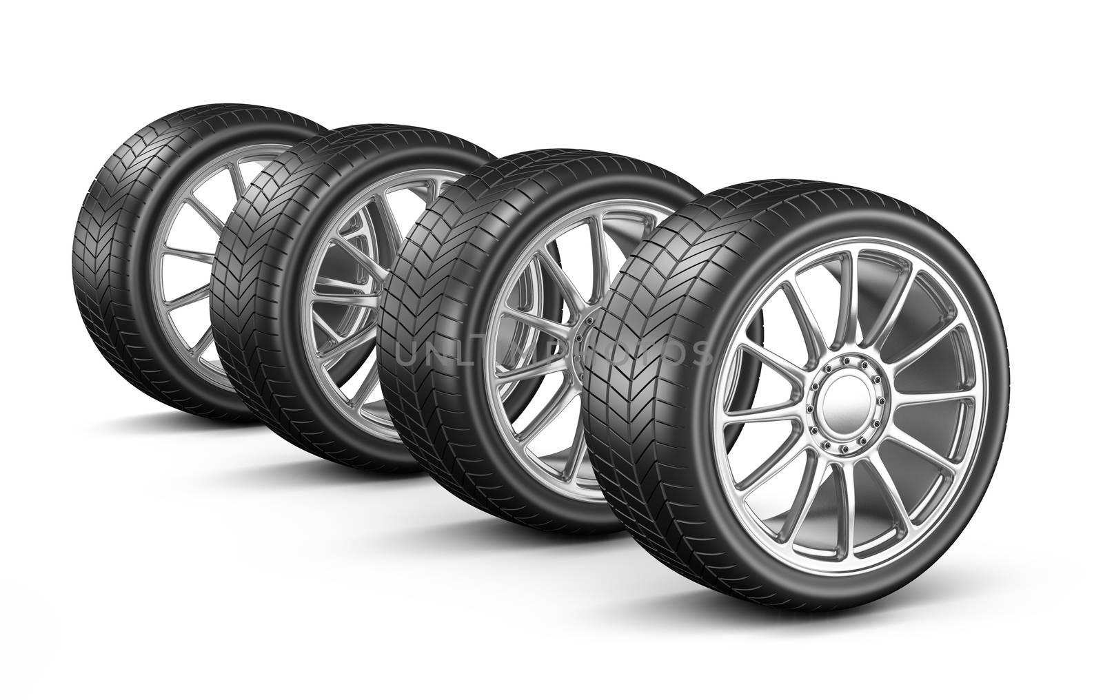 Four Car Wheels on White Background 3D Illustration