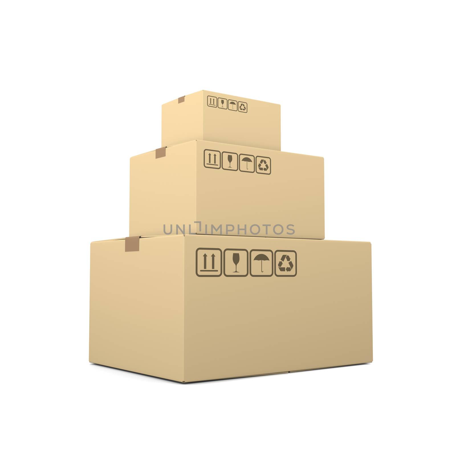 Heap of Closed Beige Cardboard Boxes on White Background 3D Illustration