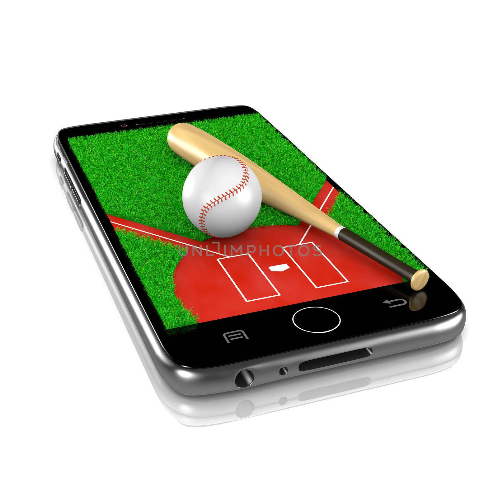 Baseball Field with Ball and Bat on Smartphone Display 3D Illustration Isolated on White Background