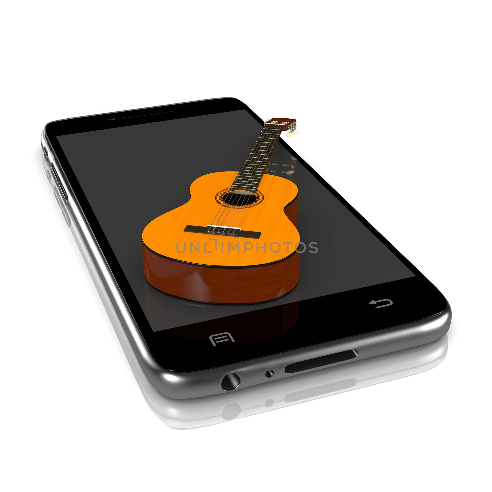 Smartphone with a Classical Guitar on Display 3D Illustration