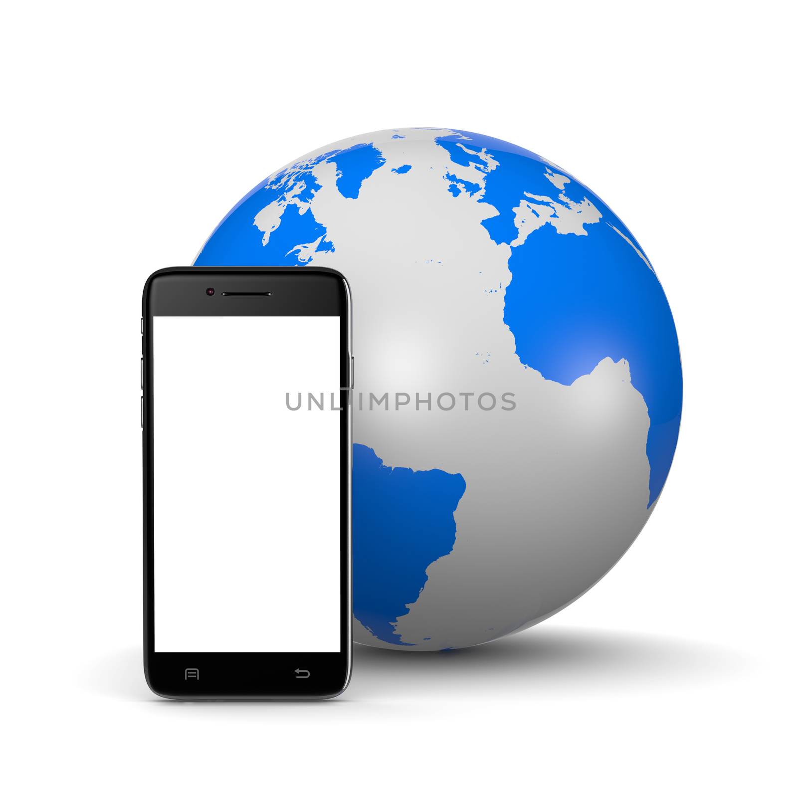 Smartphone with White Blank Display ahead of the World on White Background 3D Illustration