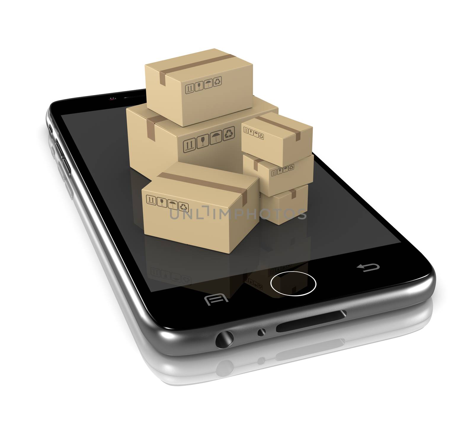 Smartphone with Heap of Cardboard Boxes on White Background 3D Illustration, Online Shipment Services Concept