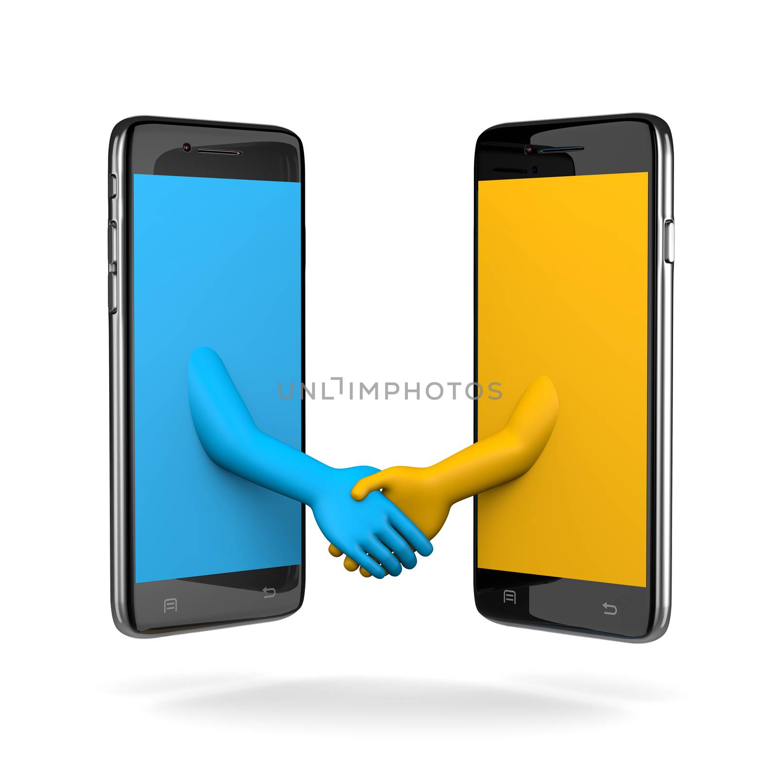 Two Smartphone Shaking Hands 3D Illustration on White Background